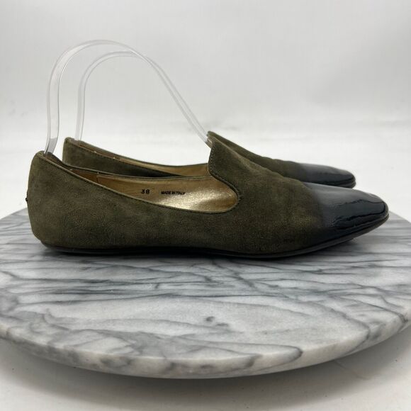 Jimmy Choo Womens 38 Loafer Moss Green Suede Slip On Patent Leather Cap Toe - Picture 2 of 14